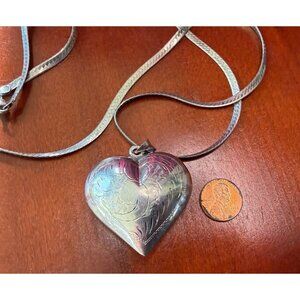 Sterling Silver Engraved Puffy Heart Pendant 28" Snake Chain 33.2g READ/SEE